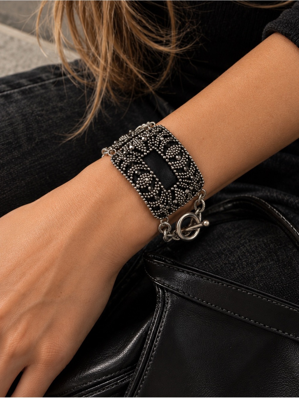 Antique Victorian Cut Steel Beaded Shoe Buckle Bracelet Silver Black